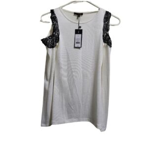 Dynamite White Blouse with Black Lace Accents